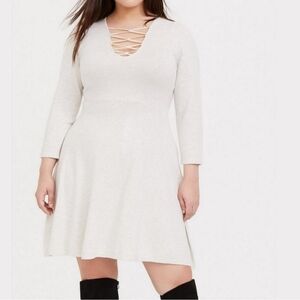 Torrid Cream White Strappy Criss Cross Front Rib Knit Mini Skater Sweater Dress